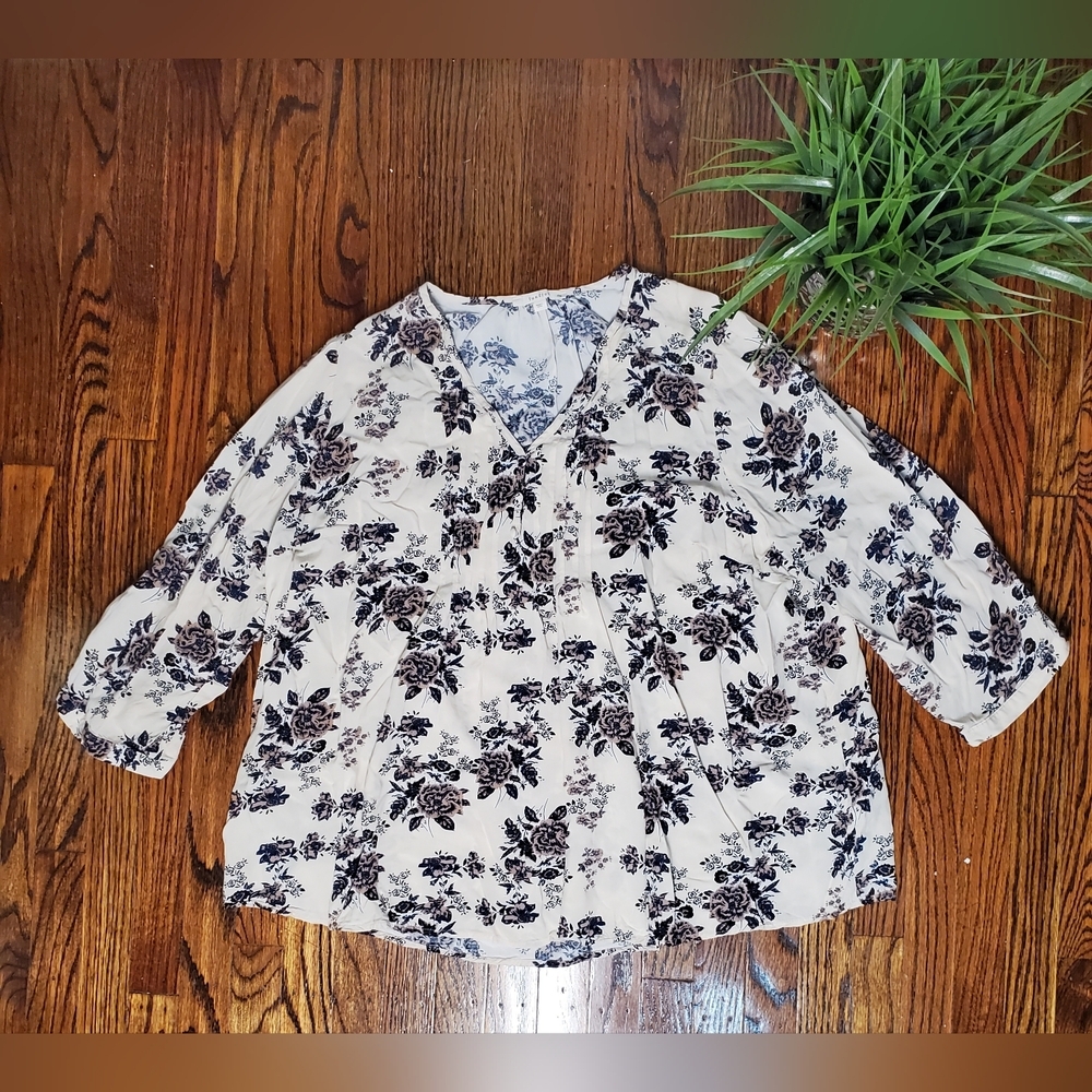 Fun2Fun Women's Floral Henley Quarter Sleeve Boho Blouse Cream, Navy & Brown 2XL